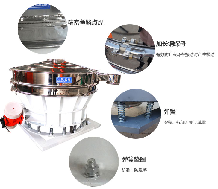 1500直排篩細節展示：彈簧，彈簧墊圈，加長銅螺母。