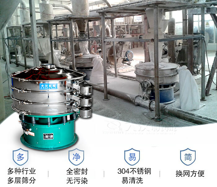多種行業多層篩分采用全密封結構，無污染。304不銹鋼材質易清洗。同時換網方便。